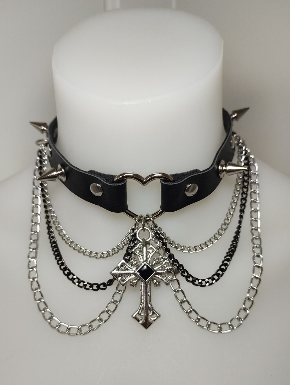 NEW Black Gothic Spike Choker Necklace with Silver Cross Pendant And Chains - Picture 2 of 7